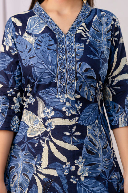Blue Printed Straight Kurta With Three Quarter Sleeves