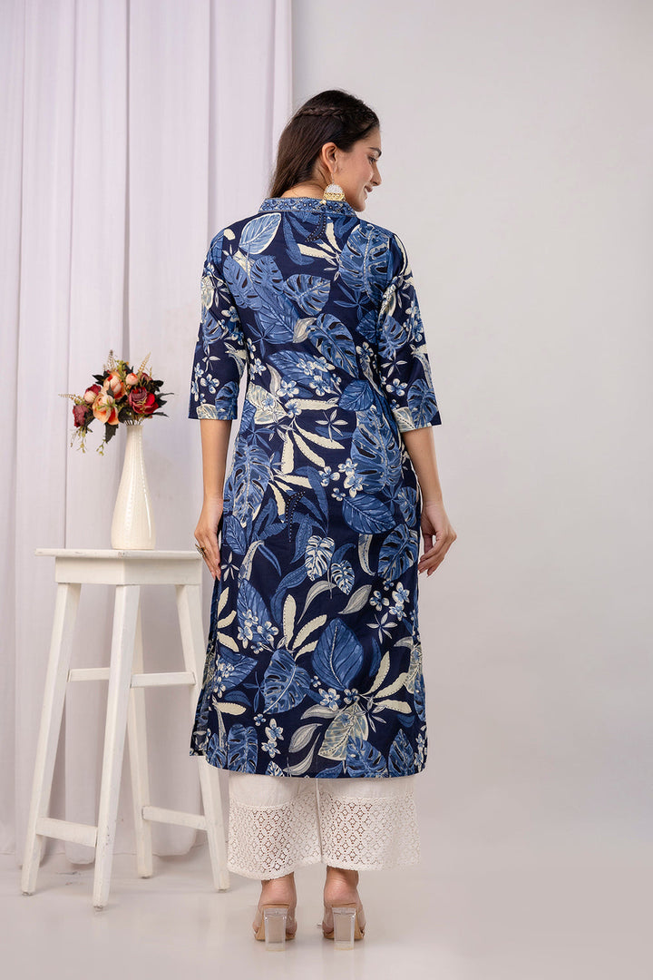 Blue Printed Straight Kurta With Three Quarter Sleeves