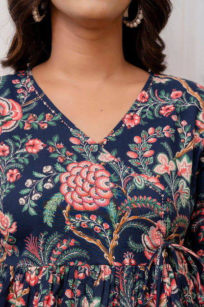 Navy Blue Printed V-Neck Peplum Tunic