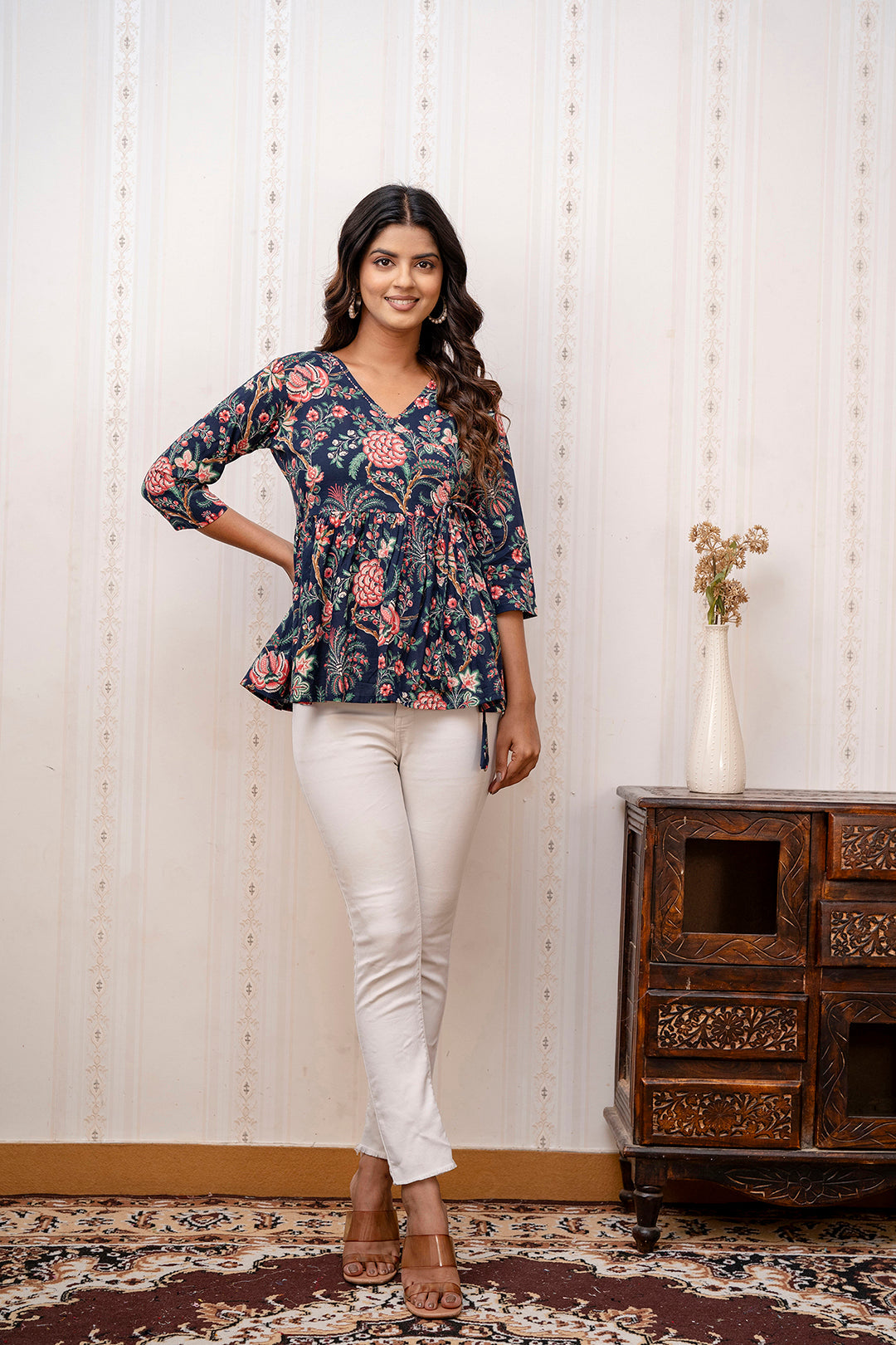 Navy Blue Printed V-Neck Peplum Tunic