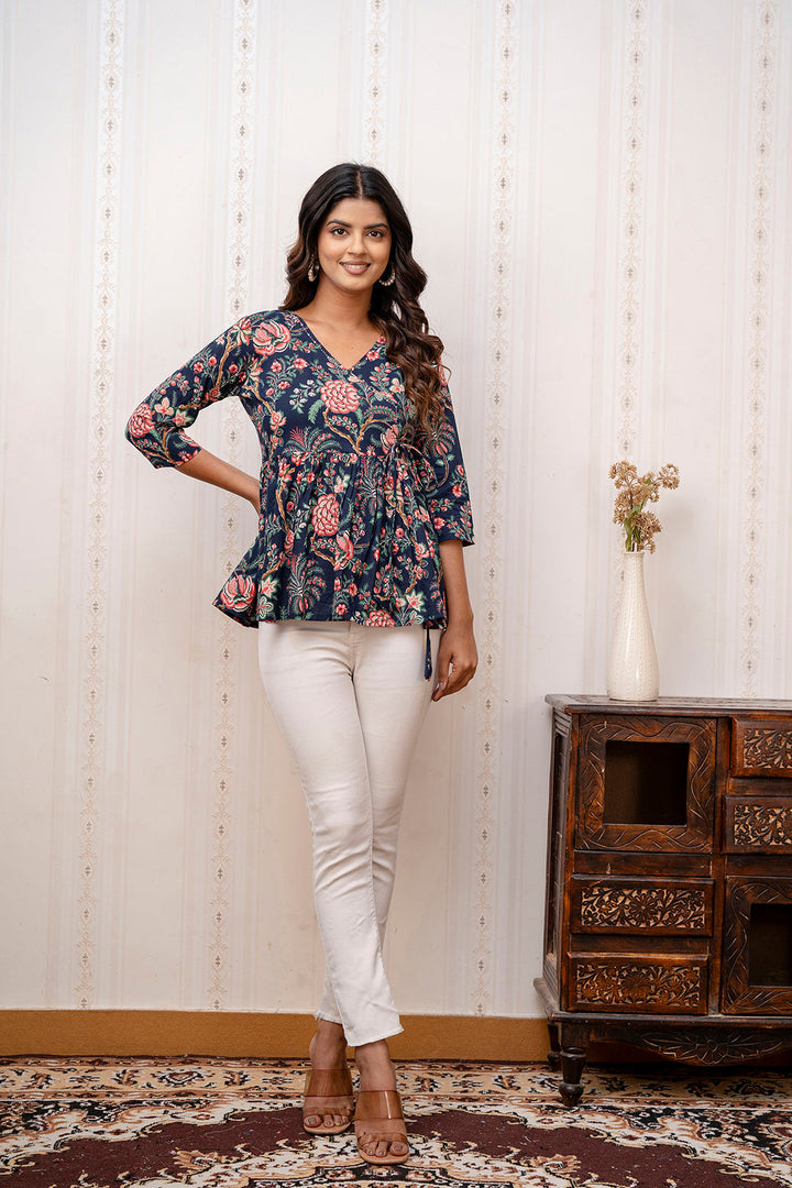 Navy Blue Printed V-Neck Peplum Tunic