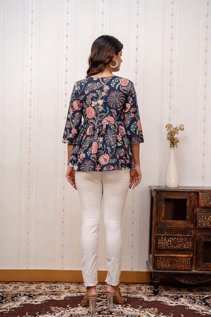 Navy Blue Printed V-Neck Peplum Tunic