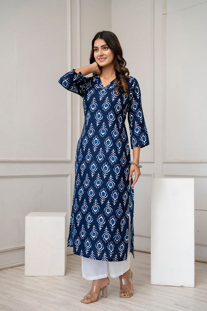 Navy Blue Printed Straight Kurta With Three Quarter Sleeves