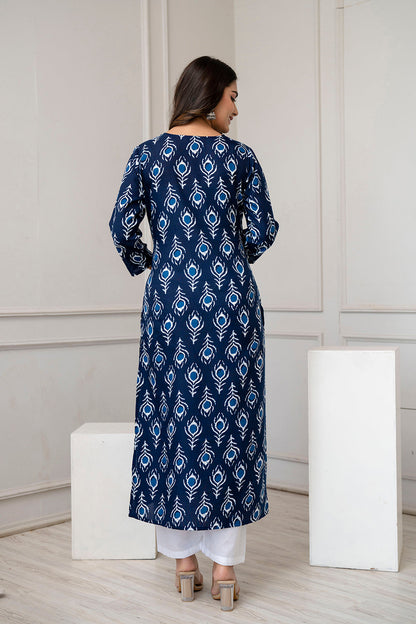 Navy Blue Printed Straight Kurta With Three Quarter Sleeves
