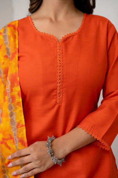 Orange Straight Kurta Set With Printed Dupatta