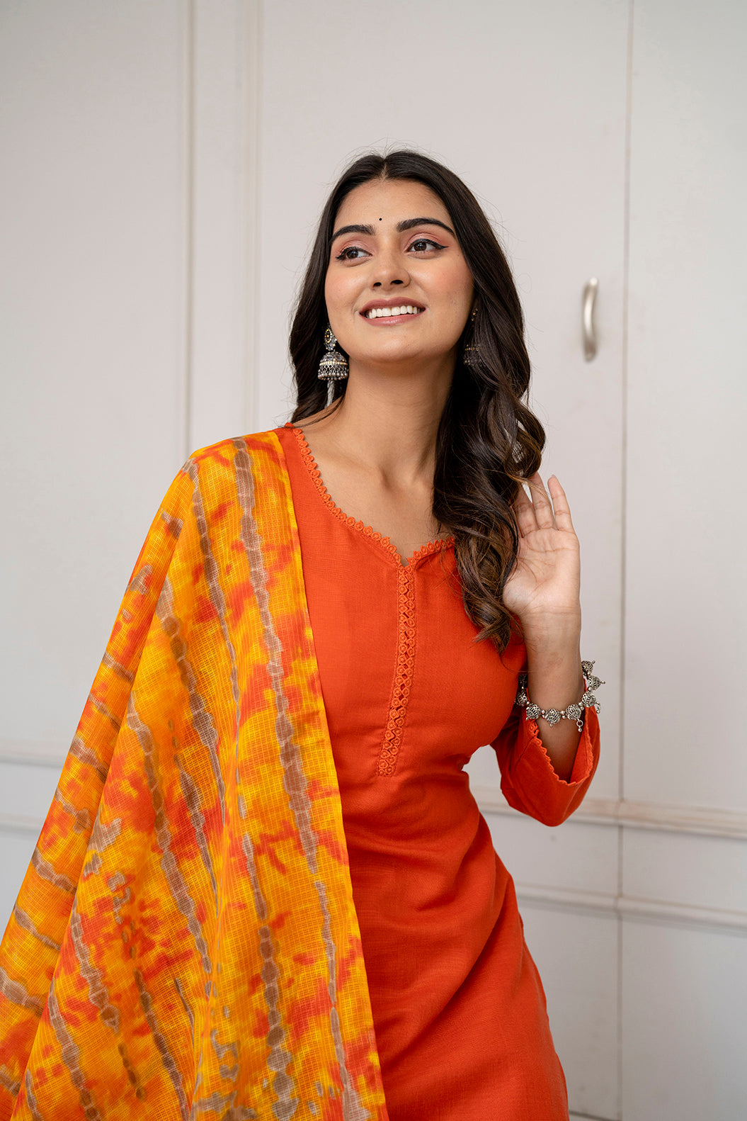 Orange Straight Kurta Set With Printed Dupatta