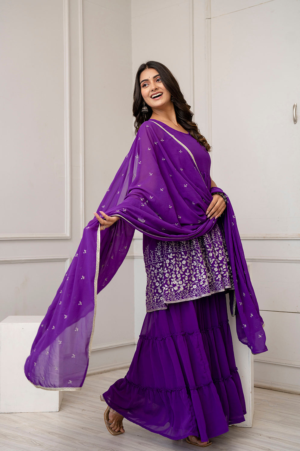 Purple Embroidered Kurti And Sharara Set With Dupatta