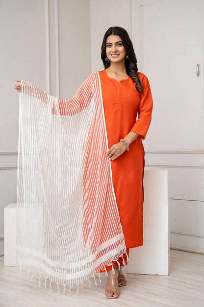 Orange Straight Kurta Set With Net Dupatta