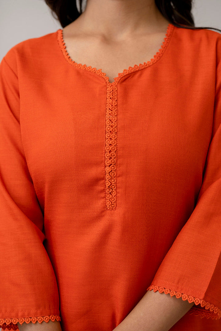 Orange Straight Kurta Set With Net Dupatta