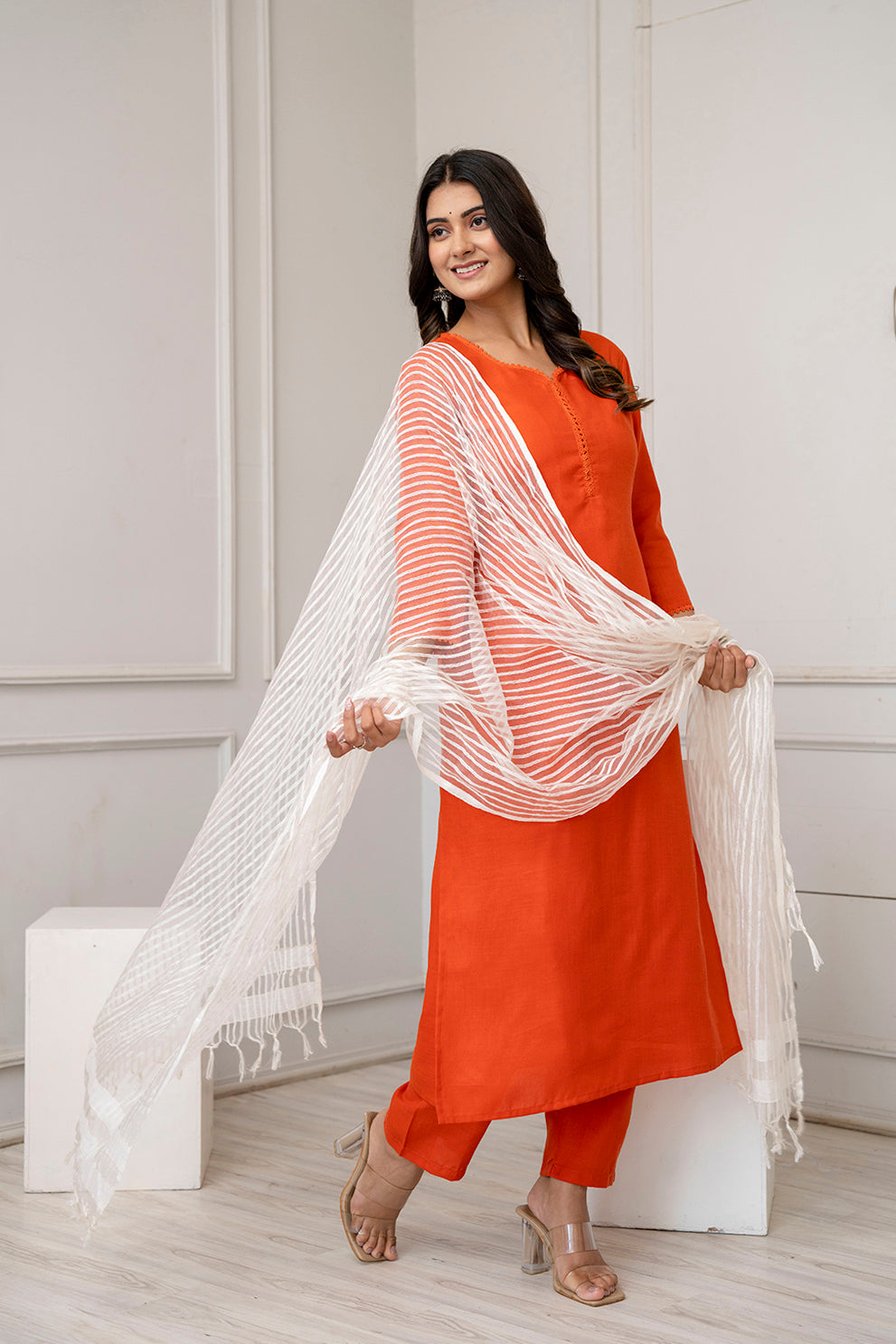 Orange Straight Kurta Set With Net Dupatta