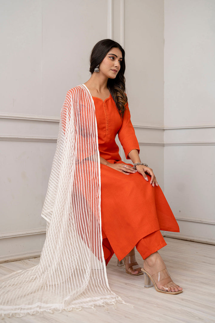 Orange Straight Kurta Set With Net Dupatta