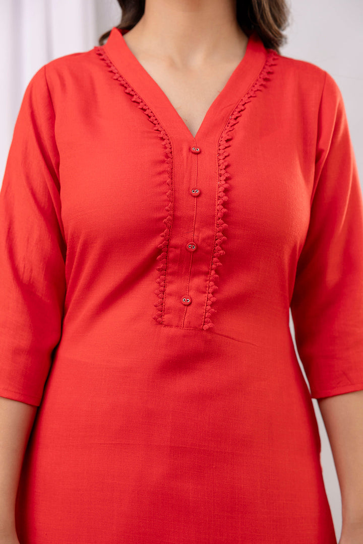 Red Straight Kurta Set With Printed Dupatta