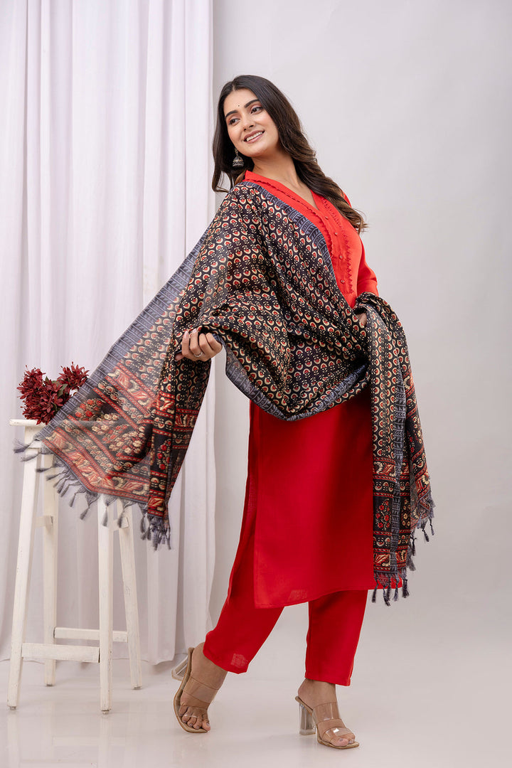 Red Straight Kurta Set With Printed Dupatta