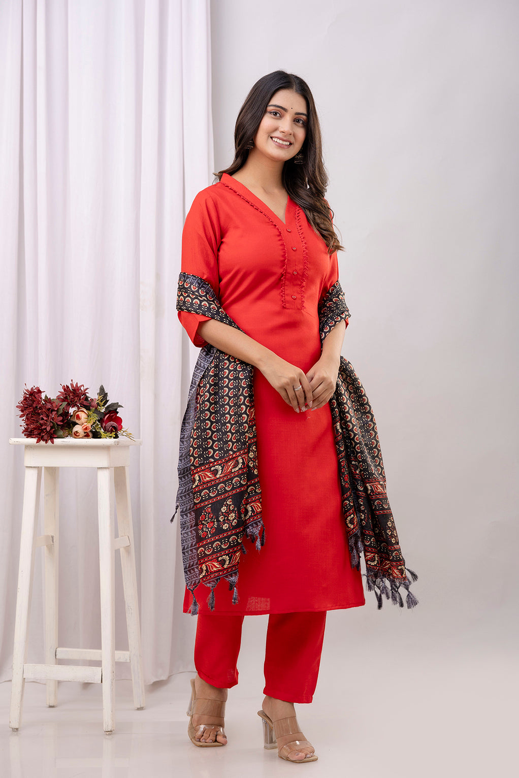 Red Straight Kurta Set With Printed Dupatta