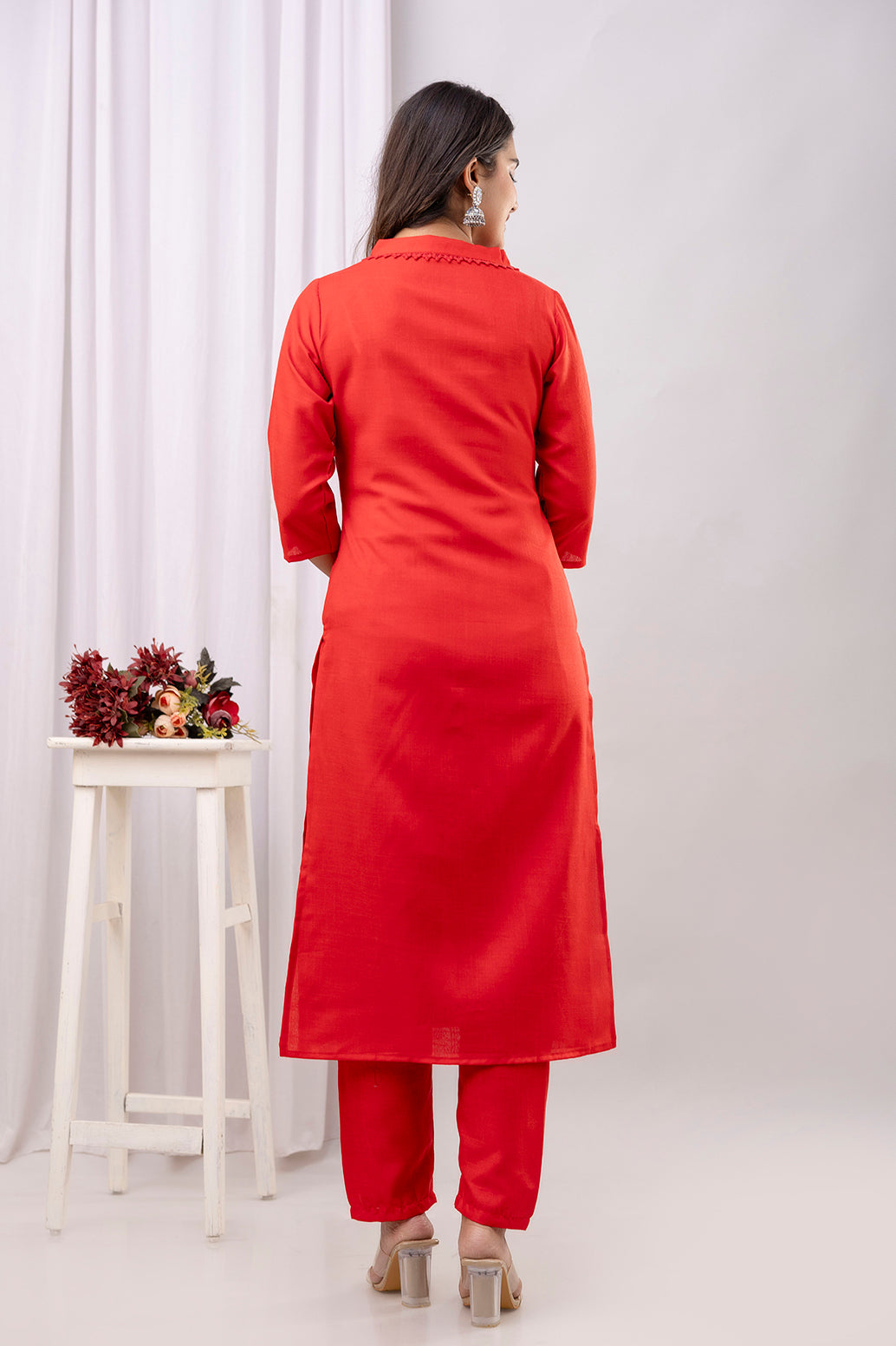 Red Straight Kurta Set With Printed Dupatta
