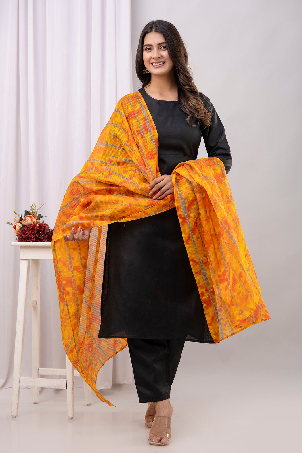 Black Straight Kurta Set With Printed Dupatta