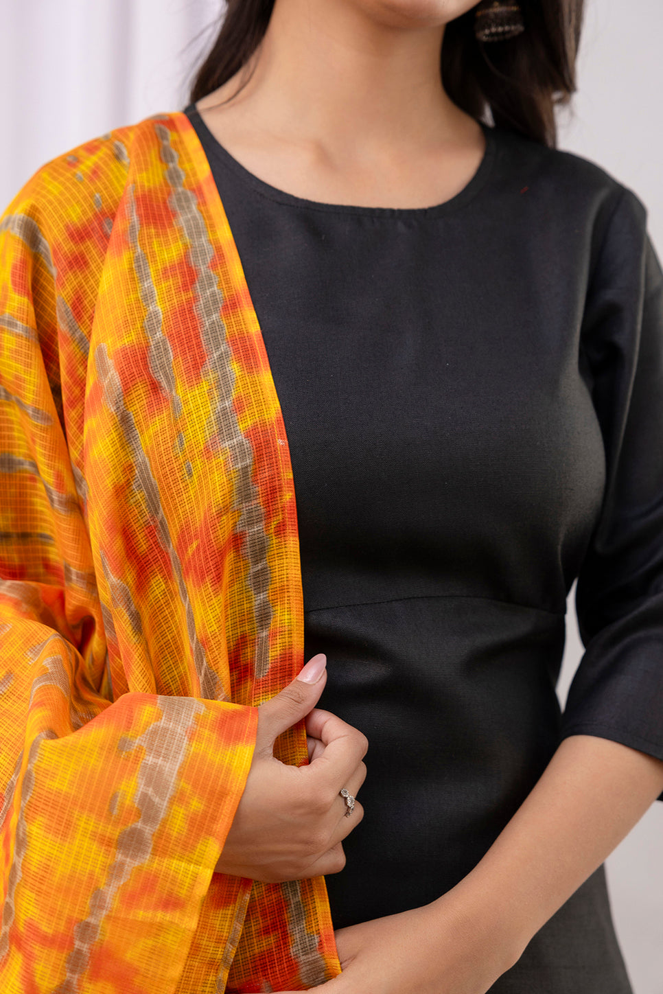 Black Straight Kurta Set With Printed Dupatta
