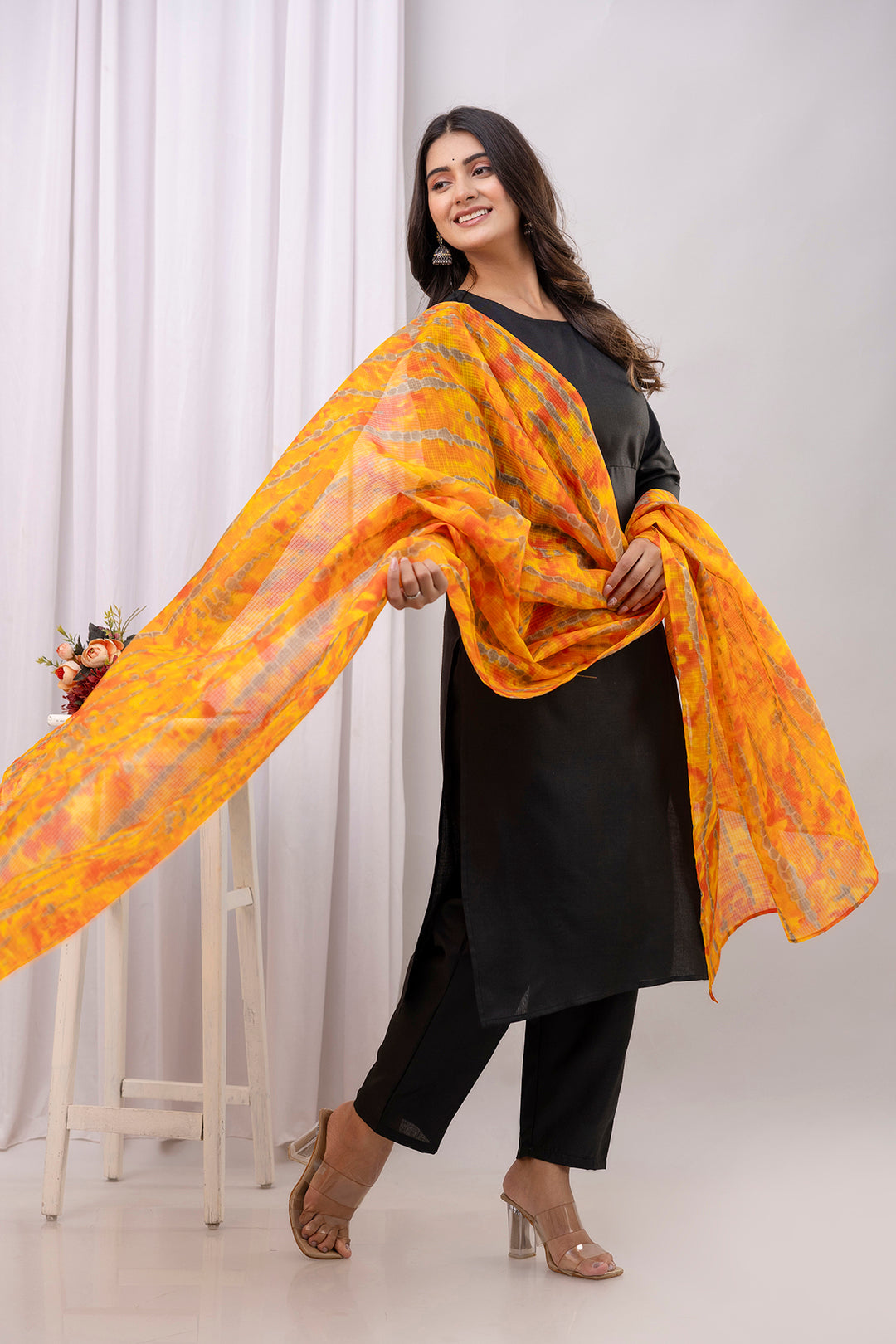 Black Straight Kurta Set With Printed Dupatta