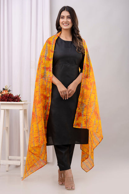 Black Straight Kurta Set With Printed Dupatta