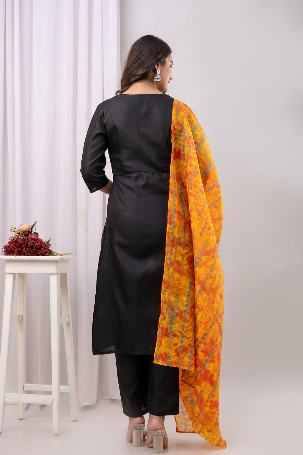 Black Straight Kurta Set With Printed Dupatta
