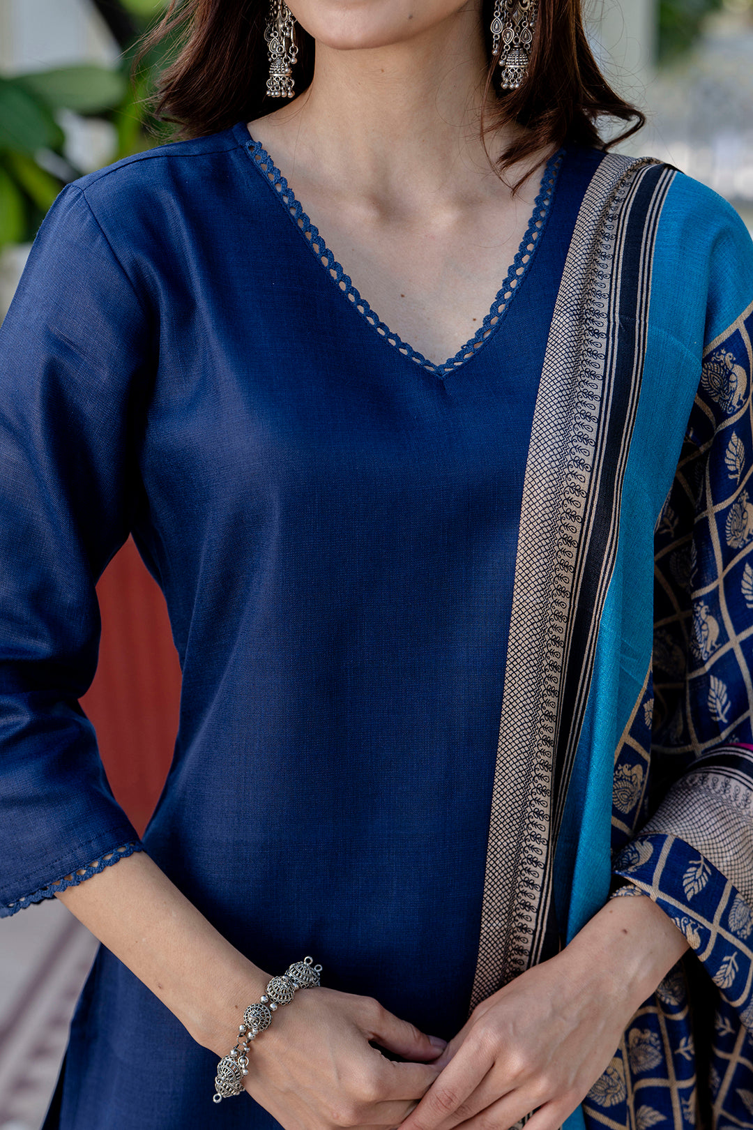 Navy Blue Straight Kurta Set With Printed Dupatta