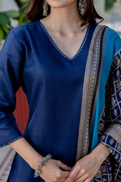 Navy Blue Straight Kurta Set With Printed Dupatta