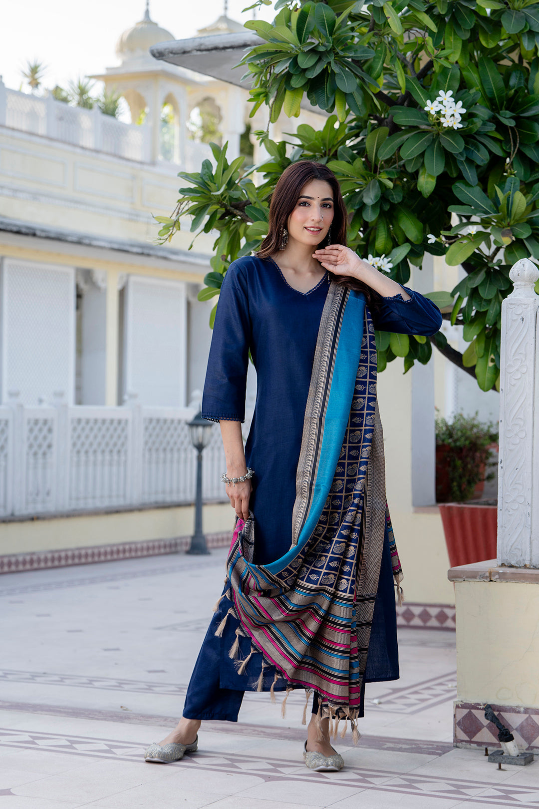 Navy Blue Straight Kurta Set With Printed Dupatta