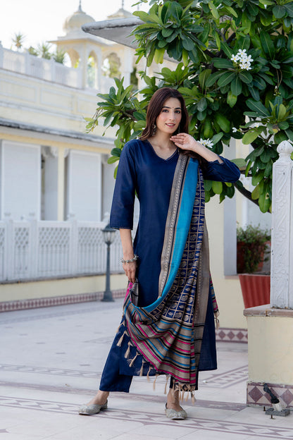 Navy Blue Straight Kurta Set With Printed Dupatta