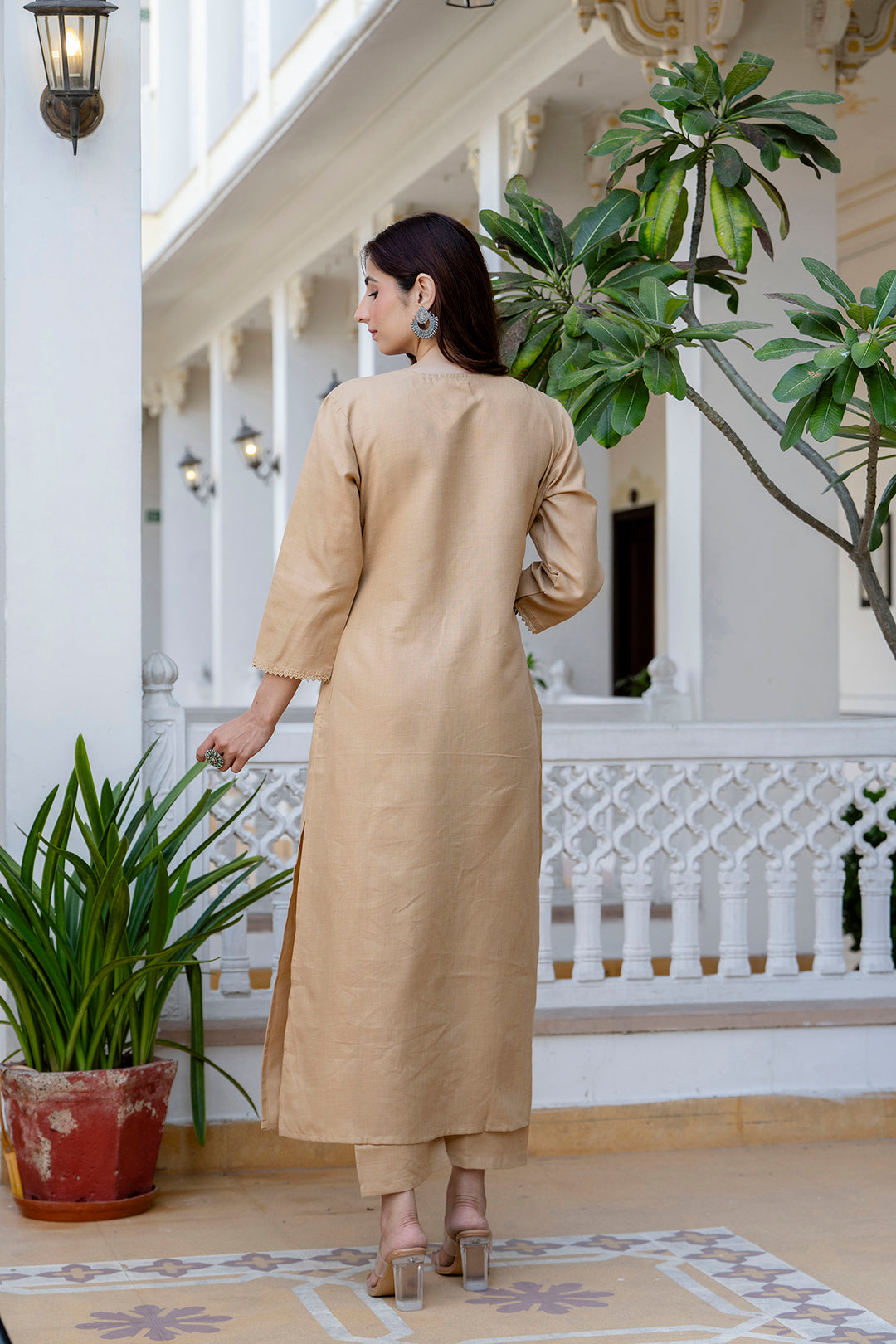 Beige Straight Kurta Set With Printed Dupatta