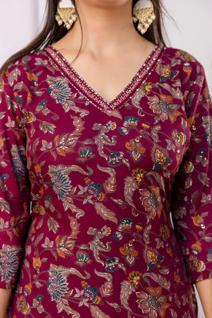 Burgundy Straight Kurta Set With Printed Dupatta
