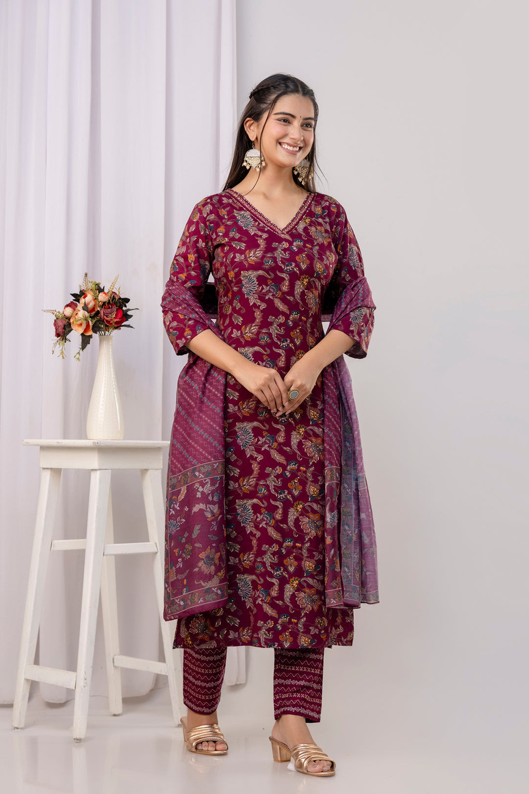 Burgundy Straight Kurta Set With Printed Dupatta