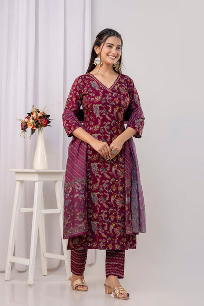 Burgundy Straight Kurta Set With Printed Dupatta