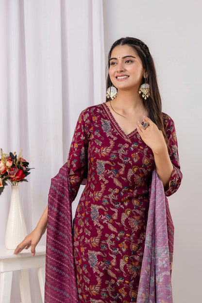 Burgundy Straight Kurta Set With Printed Dupatta
