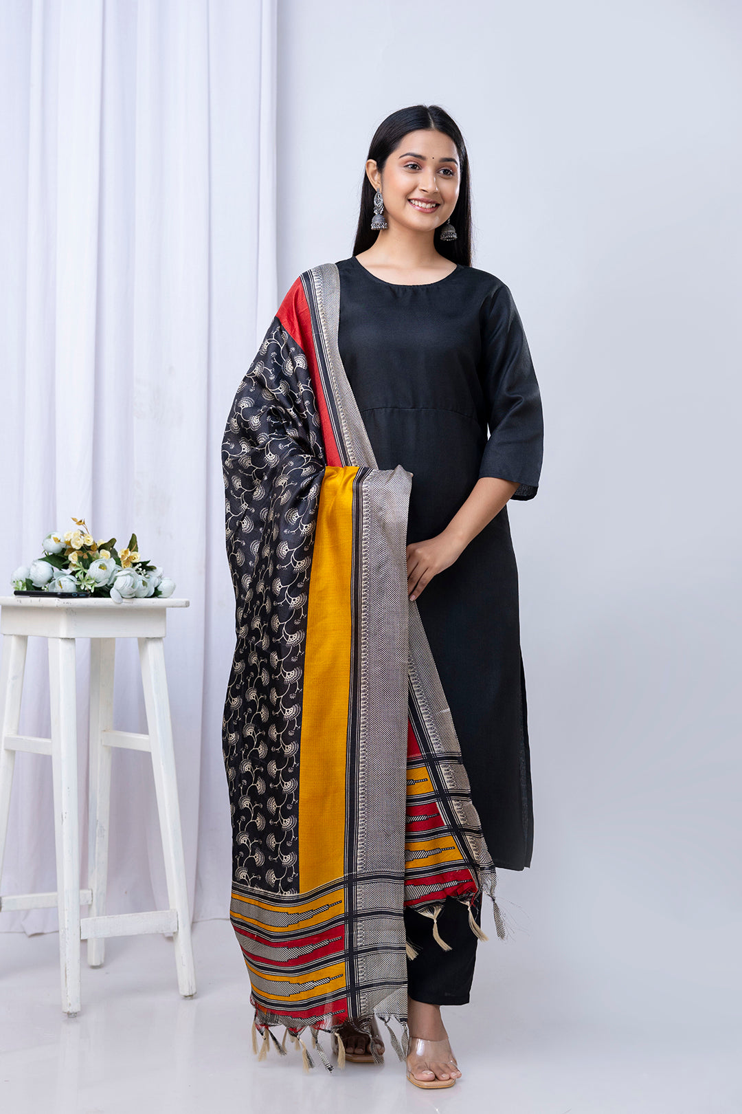 Black Straight Kurta Set With Printed Dupatta