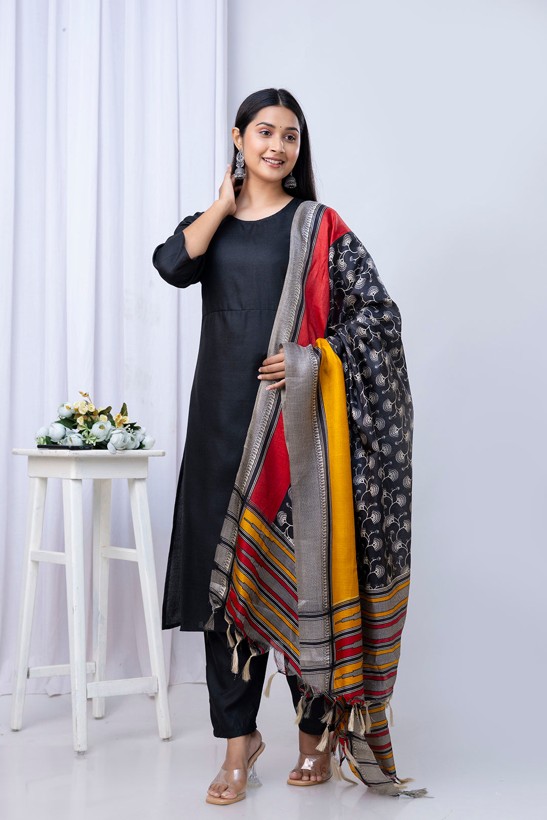 Black Straight Kurta Set With Printed Dupatta