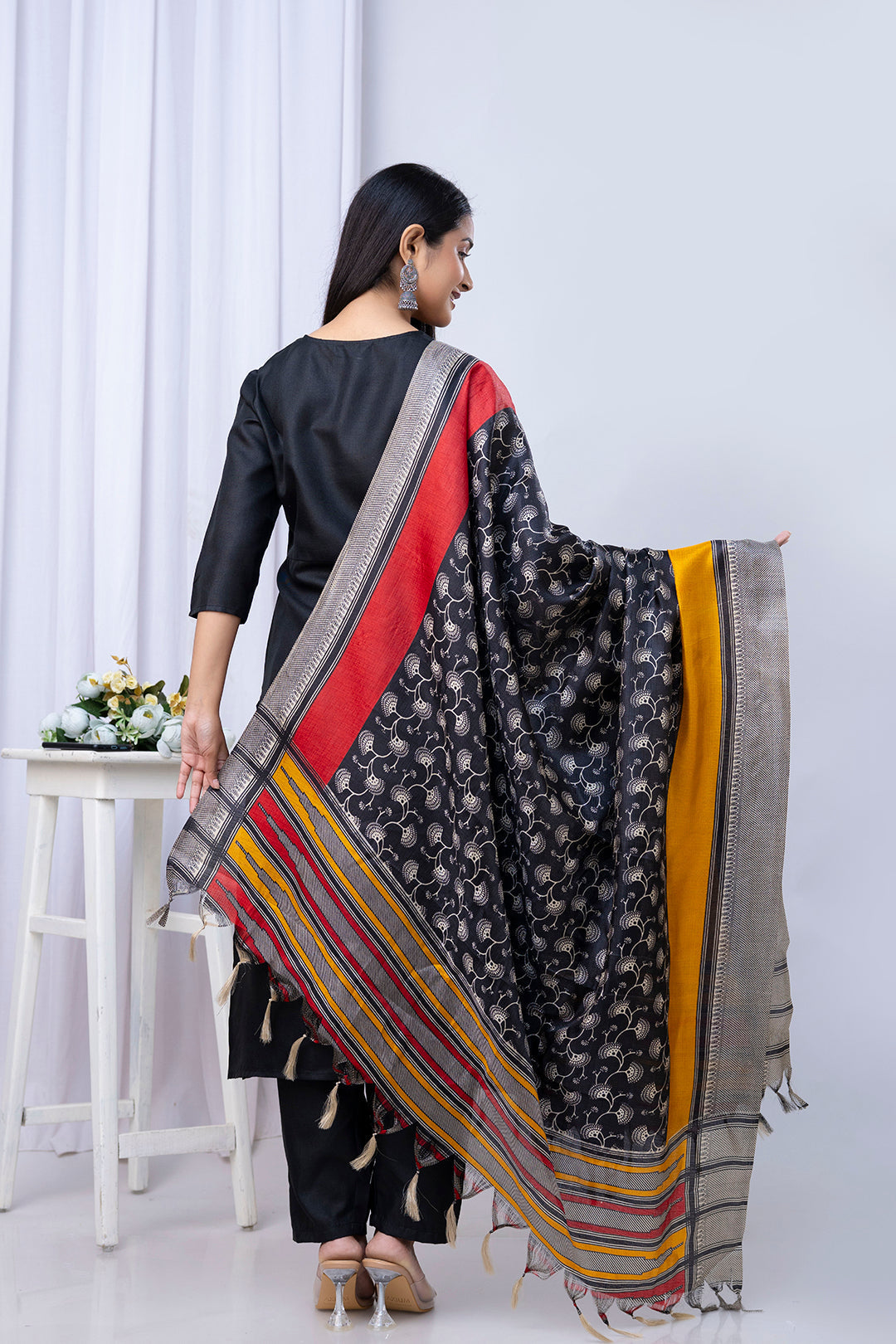 Black Straight Kurta Set With Printed Dupatta