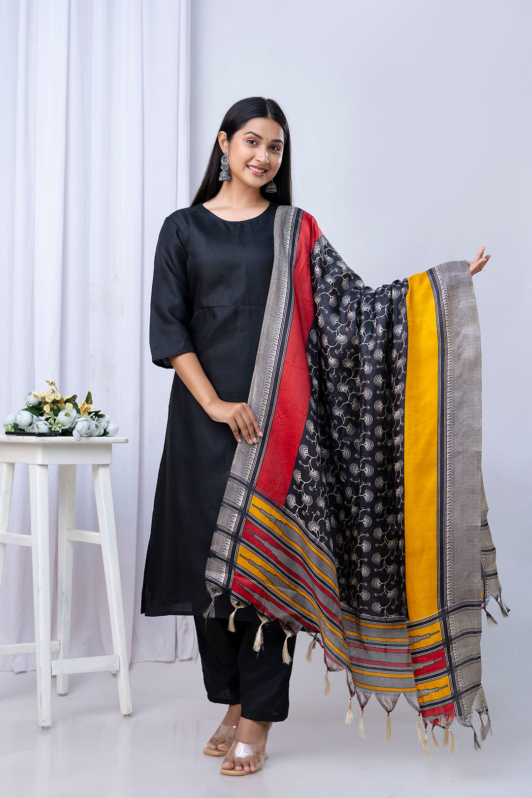 Black Straight Kurta Set With Printed Dupatta
