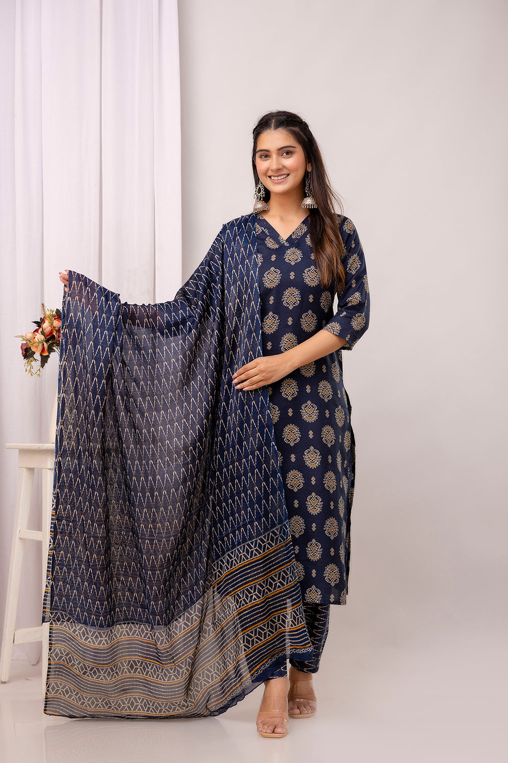 Navy Blue Printed Straight Kurta Set With Dupatta