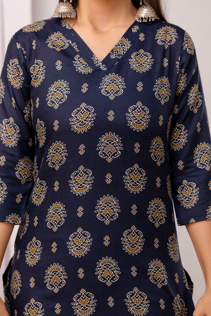 Navy Blue Printed Straight Kurta Set With Dupatta