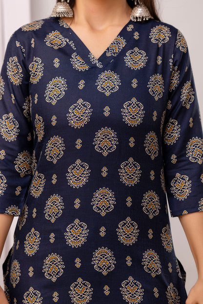 Navy Blue Printed Straight Kurta Set With Dupatta