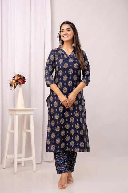 Navy Blue Printed Straight Kurta Set With Dupatta
