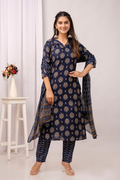 Navy Blue Printed Straight Kurta Set With Dupatta
