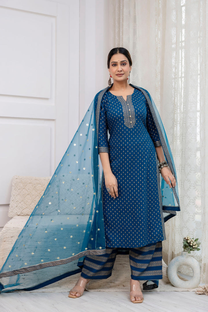 Blue Gold Printed Straight Kurta Set With Net Dupatta