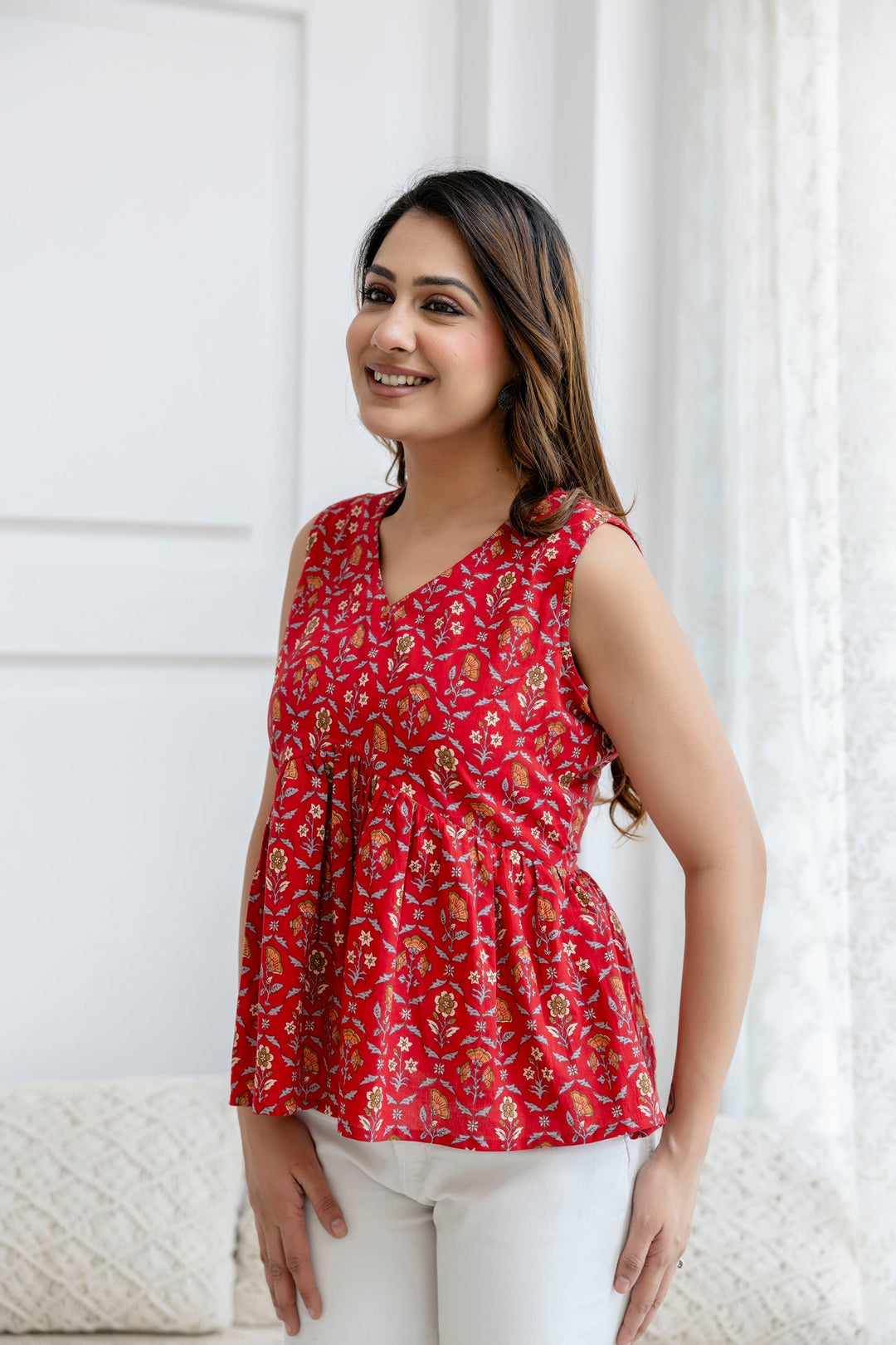 Red Printed Peplum Tunic