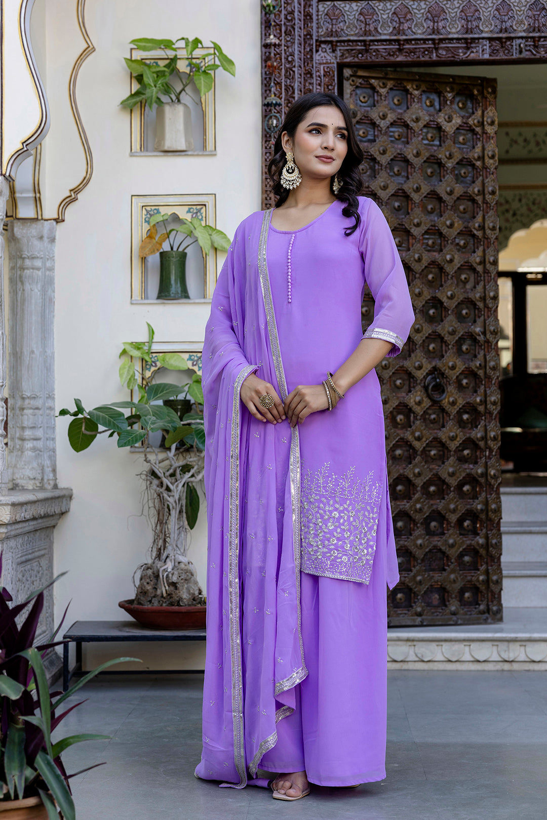 Lavender Embroidered Georgette Kurta &amp; Wide Leg Palazzo With Dupatta for Women