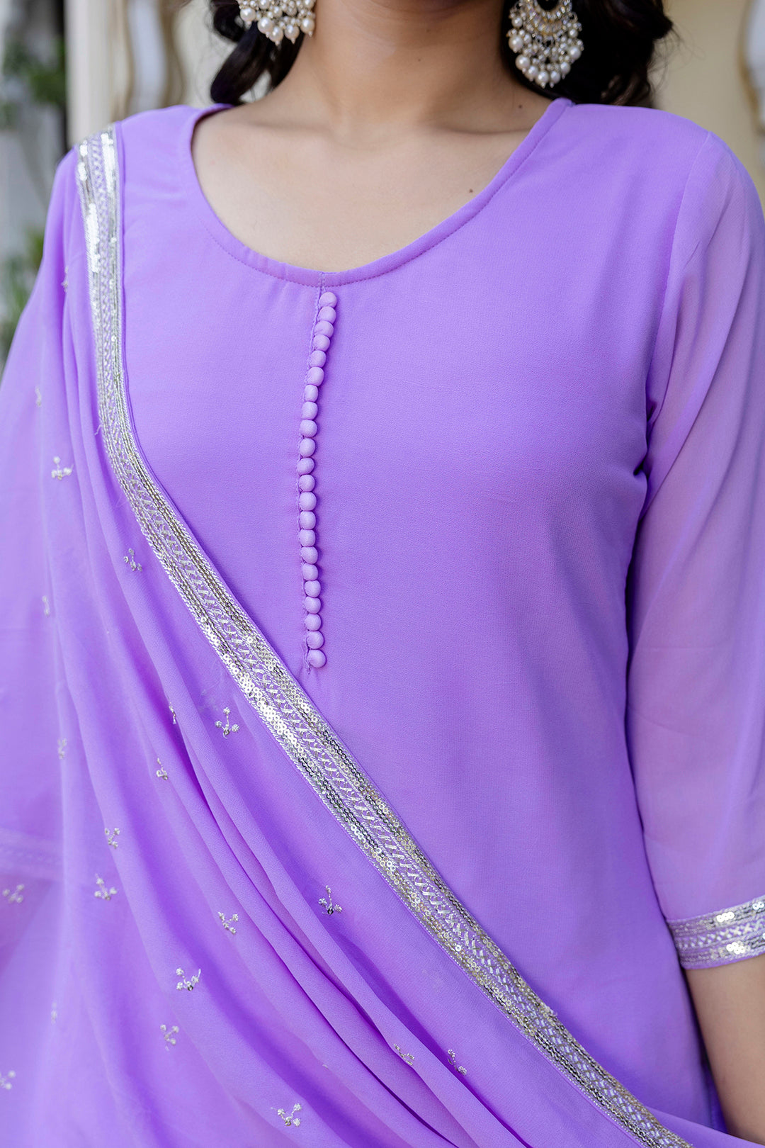 Lavender Embroidered Georgette Kurta &amp; Wide Leg Palazzo With Dupatta for Women