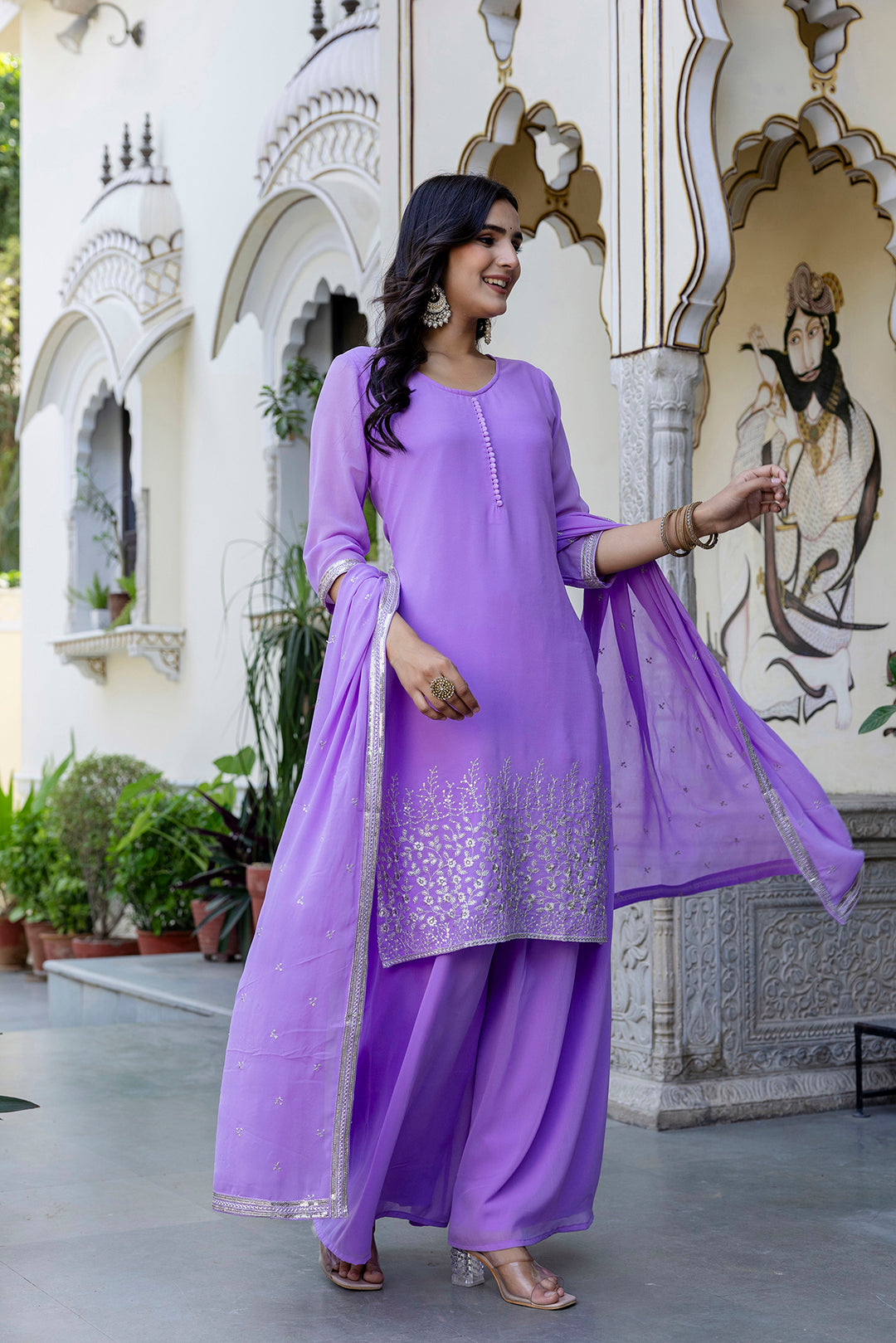 Lavender Embroidered Georgette Kurta &amp; Wide Leg Palazzo With Dupatta for Women