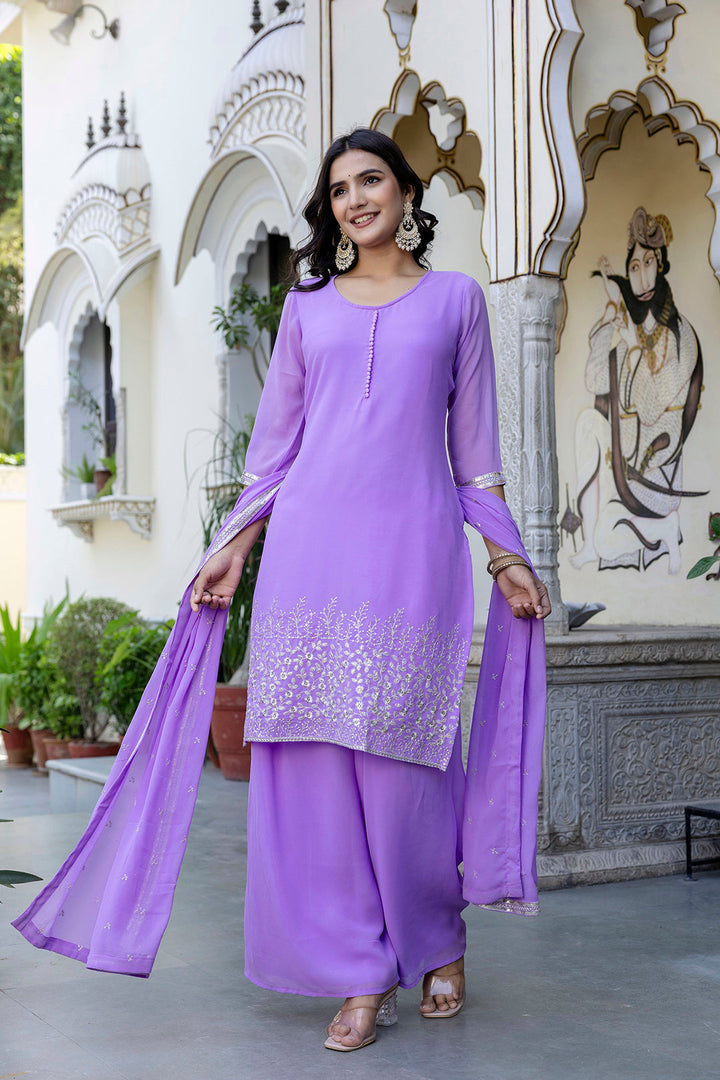 Lavender Embroidered Georgette Kurta &amp; Wide Leg Palazzo With Dupatta for Women