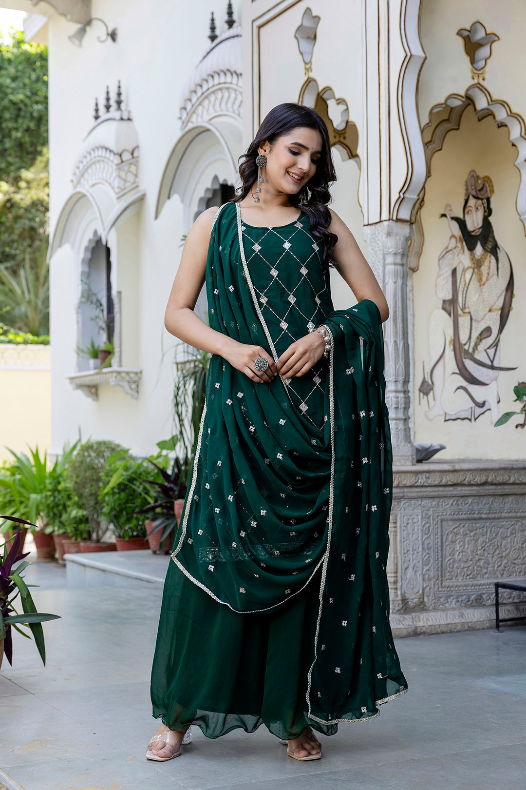 Green Embroidered Kurta With Wide Leg Palazzo and Dupatta
