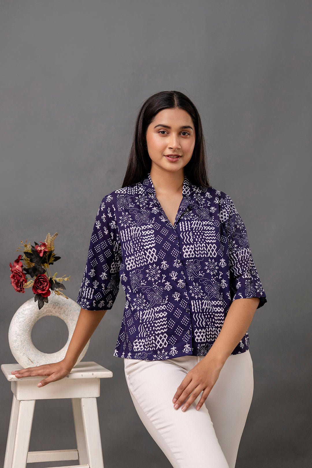 Navy Blue Printed Straight Top